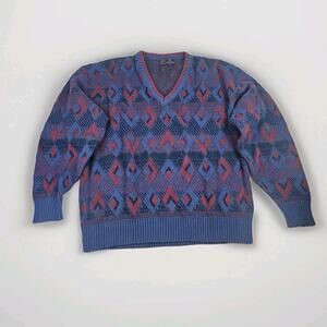 Vintage 3D Knit Geometric V Neck Sweater Size Large 90s Boxy Isle Of Cotton USA